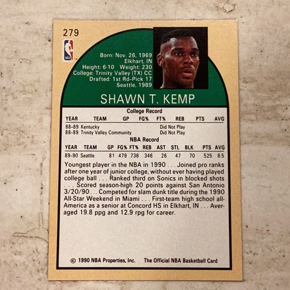 Shawn Kemp Rookie 1990 Basketball Card NBA Hoops 279 Seattle Supersonics #279 - Picture 2 of 4